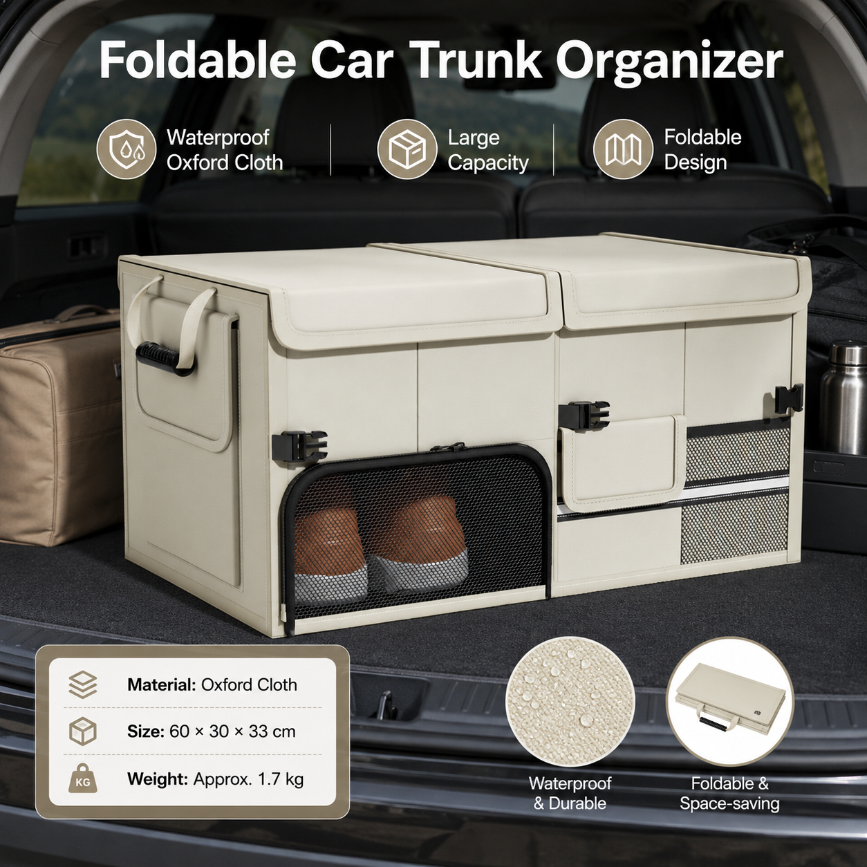White Car Boot Organiser - Foldable Waterproof Large Capacity Trunk Storage Box, Space Saving Vehicle Cargo Storage for Groceries, Tools and Travel Essentials