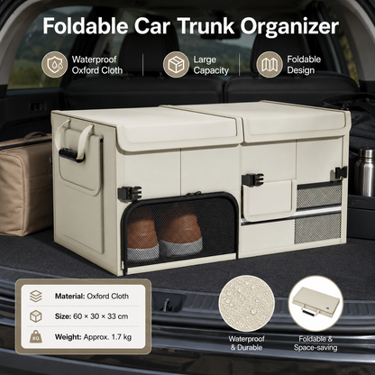 White Car Boot Organiser - Foldable Waterproof Large Capacity Trunk Storage Box, Space Saving Vehicle Cargo Storage for Groceries, Tools and Travel Essentials