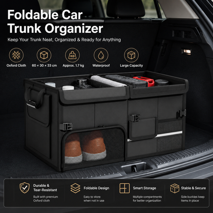 Black Car Boot Organiser - Foldable Waterproof Large Capacity Trunk Storage Box, Space Saving Vehicle Cargo Storage for Groceries, Tools and Travel Essentials