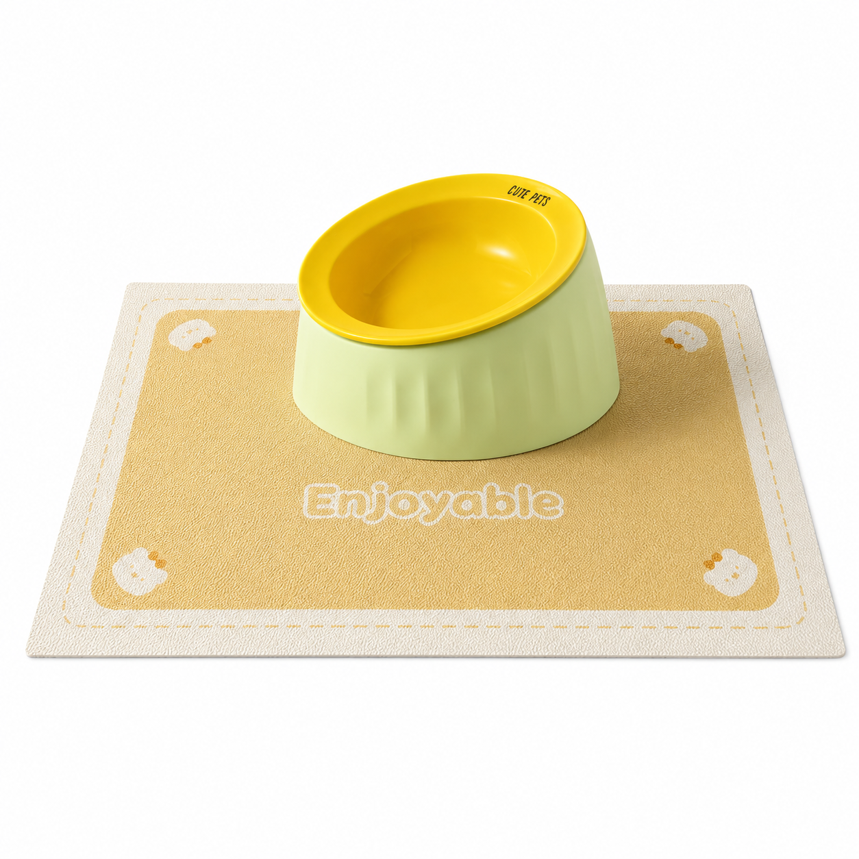 Pet Feeding Set - 15 Degree Tilted Ceramic Yellow Bowl and Yellow Non-Slip PVC Mat, Detachable Design, Easy Clean Cat Dog Food Water Dish