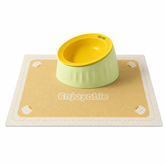 Pet Feeding Set - 15 Degree Tilted Ceramic Yellow Bowl and Yellow Non-Slip PVC Mat, Detachable Design, Easy Clean Cat Dog Food Water Dish
