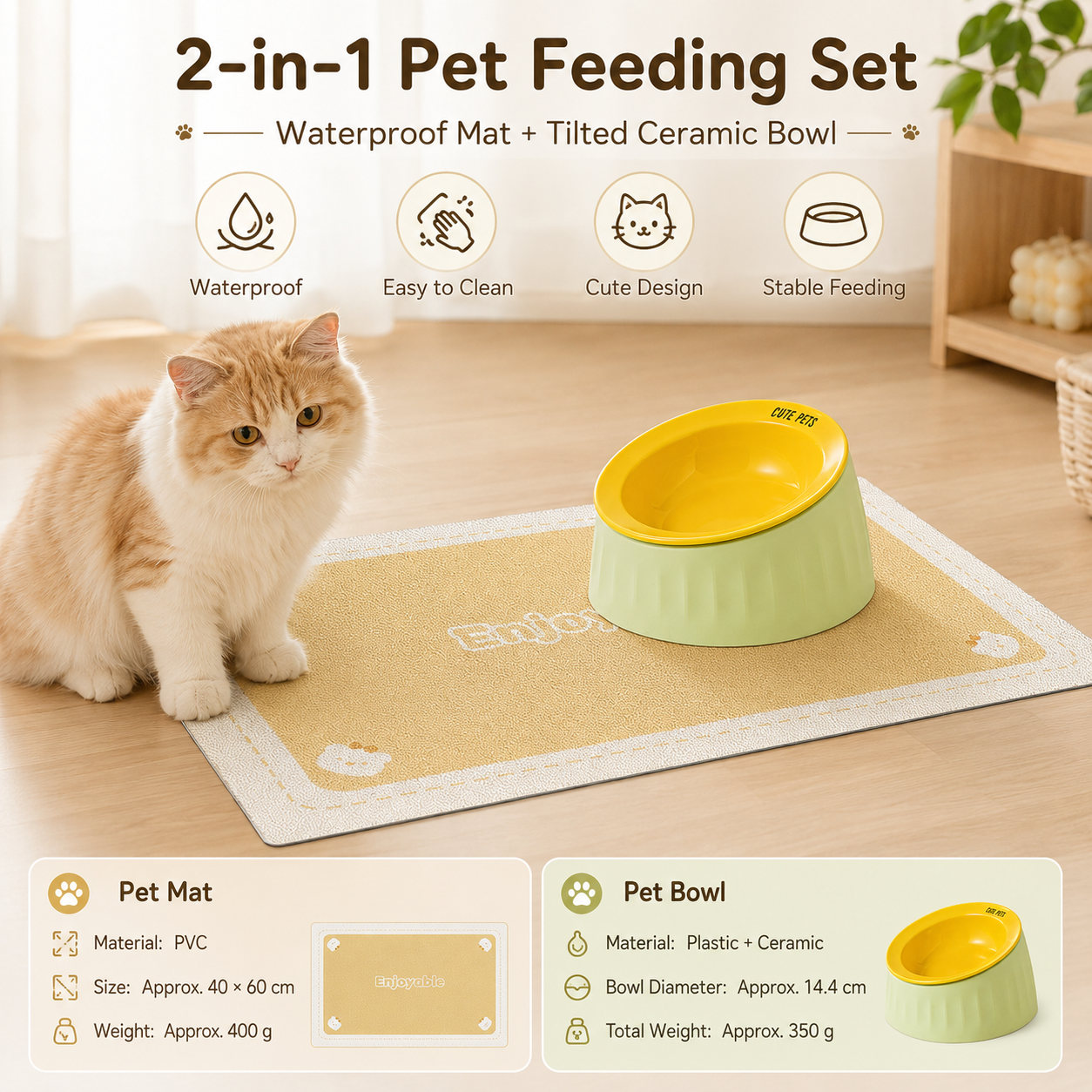 Pet Feeding Set - 15 Degree Tilted Ceramic Yellow Bowl and Yellow Non-Slip PVC Mat, Detachable Design, Easy Clean Cat Dog Food Water Dish