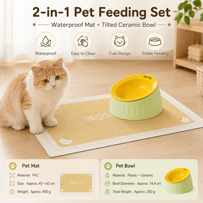 Pet Feeding Set - 15 Degree Tilted Ceramic Yellow Bowl and Yellow Non-Slip PVC Mat, Detachable Design, Easy Clean Cat Dog Food Water Dish