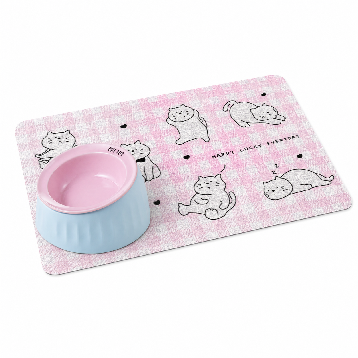 Pet Feeding Set - 15 Degree Tilted Ceramic Pink Bowl and Pink Non-Slip PVC Mat, Detachable Design, Easy Clean Cat Dog Food Water Dish