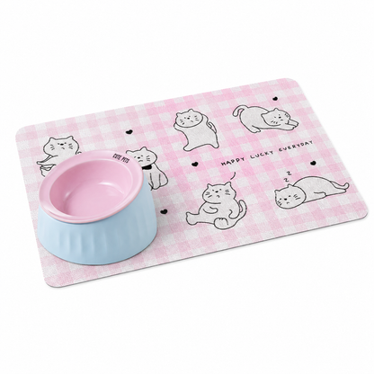 Pet Feeding Set - 15 Degree Tilted Ceramic Pink Bowl and Pink Non-Slip PVC Mat, Detachable Design, Easy Clean Cat Dog Food Water Dish