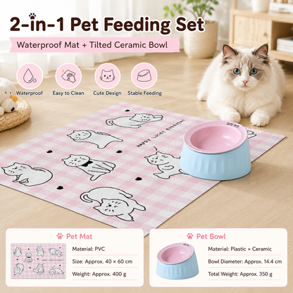 Pet Feeding Set - 15 Degree Tilted Ceramic Pink Bowl and Pink Non-Slip PVC Mat, Detachable Design, Easy Clean Cat Dog Food Water Dish