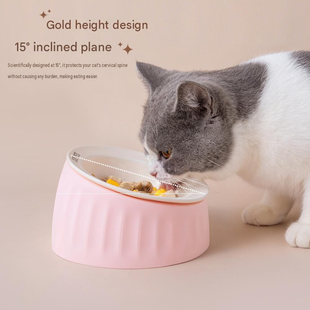 Pet Feeding Set - 15 Degree Tilted Ceramic Pink Bowl and Pink Non-Slip PVC Mat, Detachable Design, Easy Clean Cat Dog Food Water Dish