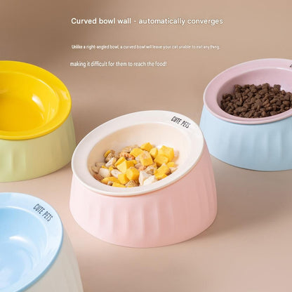 Pet Feeding Set - 15 Degree Tilted Ceramic Pink Bowl and Pink Non-Slip PVC Mat, Detachable Design, Easy Clean Cat Dog Food Water Dish