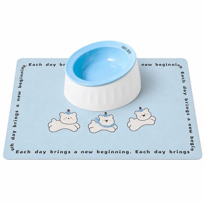 Pet Feeding Set - 15 Degree Tilted Ceramic Blue Bowl and Blue Non-Slip PVC Mat, Detachable Design, Easy Clean Cat Dog Food Water Dish