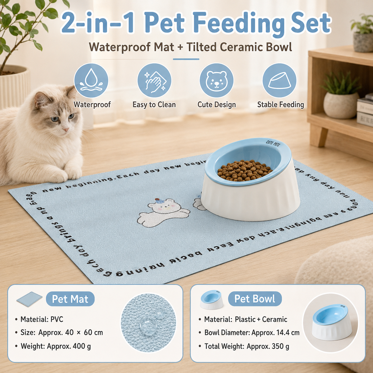 Pet Feeding Set - 15 Degree Tilted Ceramic Blue Bowl and Blue Non-Slip PVC Mat, Detachable Design, Easy Clean Cat Dog Food Water Dish