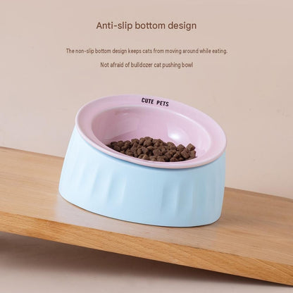 Pet Feeding Set - 15 Degree Tilted Ceramic Blue Bowl and Blue Non-Slip PVC Mat, Detachable Design, Easy Clean Cat Dog Food Water Dish