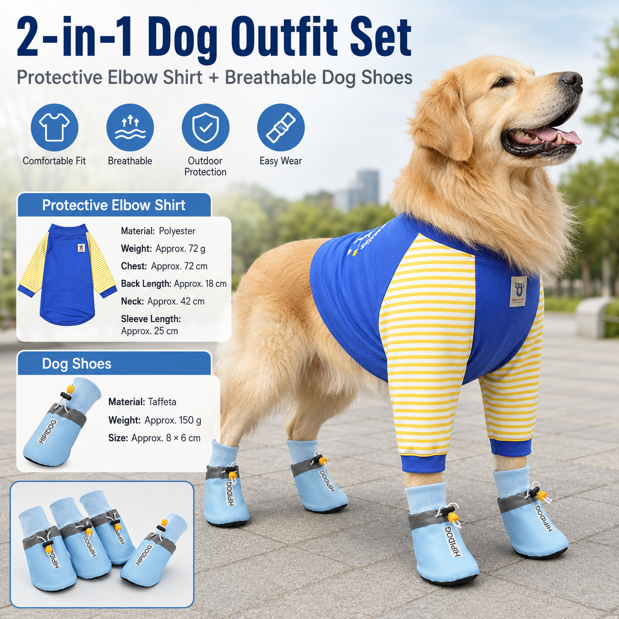 Blue 3XL Size Dog Protective Care Set - Polyester Elbow Sleeve, Adjustable Taffeta Dog Boots with Non-Slip Sole, Breathable Joint Support Clothing and Paw Protection