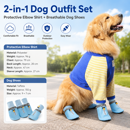 Blue 4XL Size Dog Protective Care Set - Polyester Elbow Sleeve, Adjustable Taffeta Dog Boots with Non-Slip Sole, Breathable Joint Support Clothing and Paw Protection