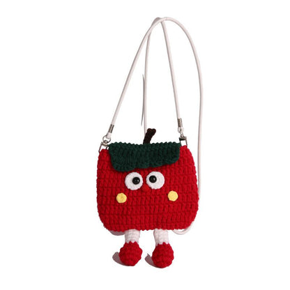 Apples Knitted Crossbody Bag - Handmade Crochet Mini Purse with Adjustable Strap, Cute Cartoon Fruit Design, Lightweight 110g, Phone and Essentials Organizer for Women and Girls