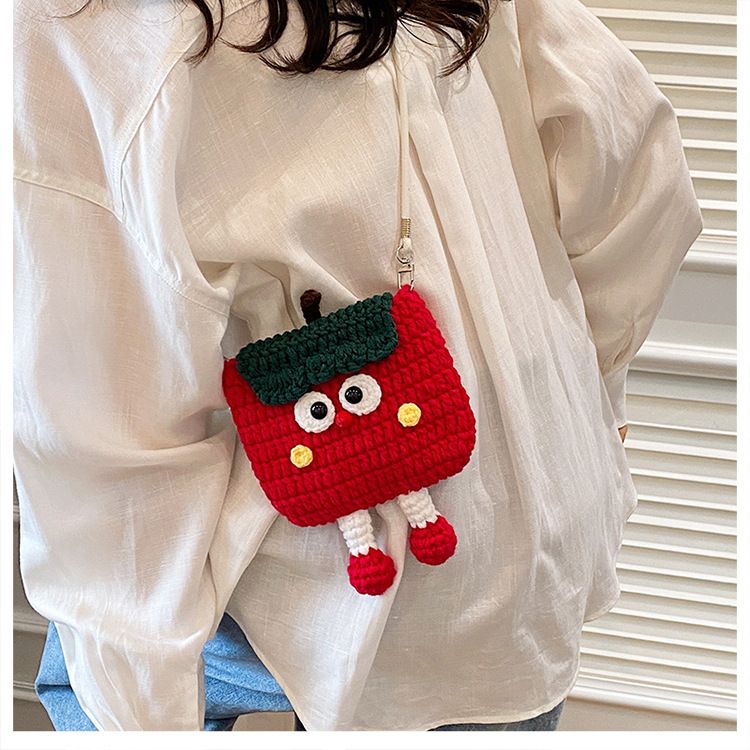 Apples Knitted Crossbody Bag - Handmade Crochet Mini Purse with Adjustable Strap, Cute Cartoon Fruit Design, Lightweight 110g, Phone and Essentials Organizer for Women and Girls