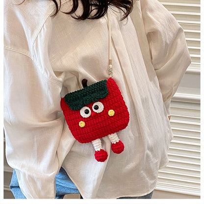 Apples Knitted Crossbody Bag - Handmade Crochet Mini Purse with Adjustable Strap, Cute Cartoon Fruit Design, Lightweight 110g, Phone and Essentials Organizer for Women and Girls