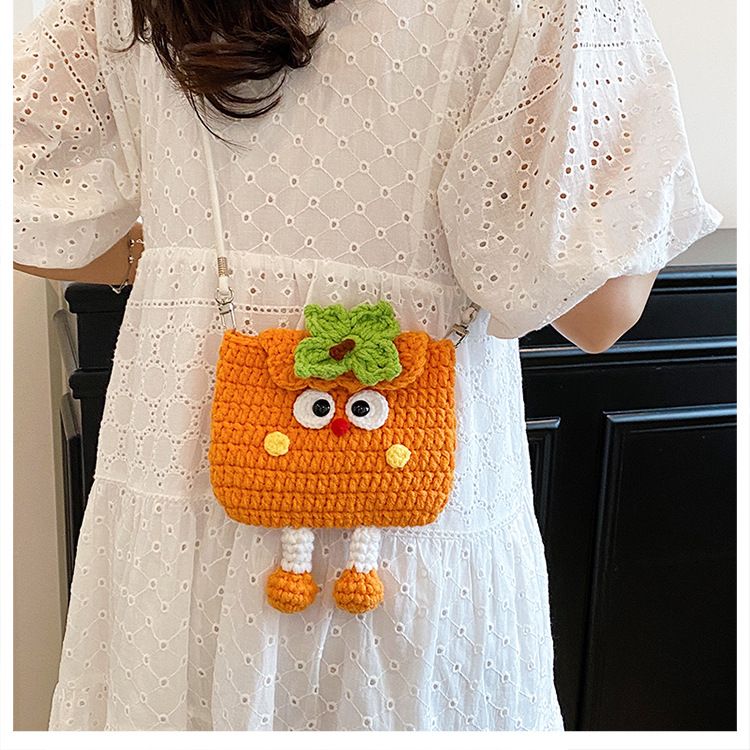 Persimmons Knitted Crossbody Bag - Handmade Crochet Mini Purse with Adjustable Strap, Cute Cartoon Fruit Design, Lightweight 110g, Phone and Essentials Organizer for Women and Girls