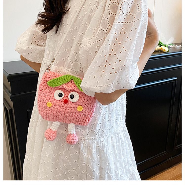 Peaches Knitted Crossbody Bag - Handmade Crochet Mini Purse with Adjustable Strap, Cute Cartoon Fruit Design, Lightweight 110g, Phone and Essentials Organizer for Women and Girls
