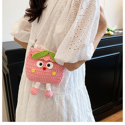 Peaches Knitted Crossbody Bag - Handmade Crochet Mini Purse with Adjustable Strap, Cute Cartoon Fruit Design, Lightweight 110g, Phone and Essentials Organizer for Women and Girls