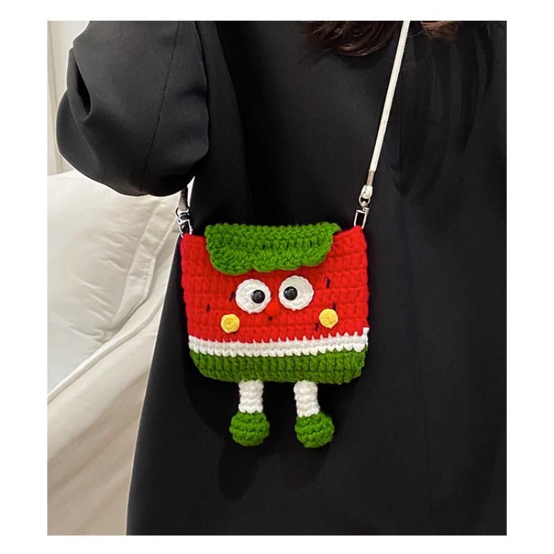 Watermelon Knitted Crossbody Bag - Handmade Crochet Mini Purse with Adjustable Strap, Cute Cartoon Fruit Design, Lightweight 110g, Phone and Essentials Organizer for Women and Girls