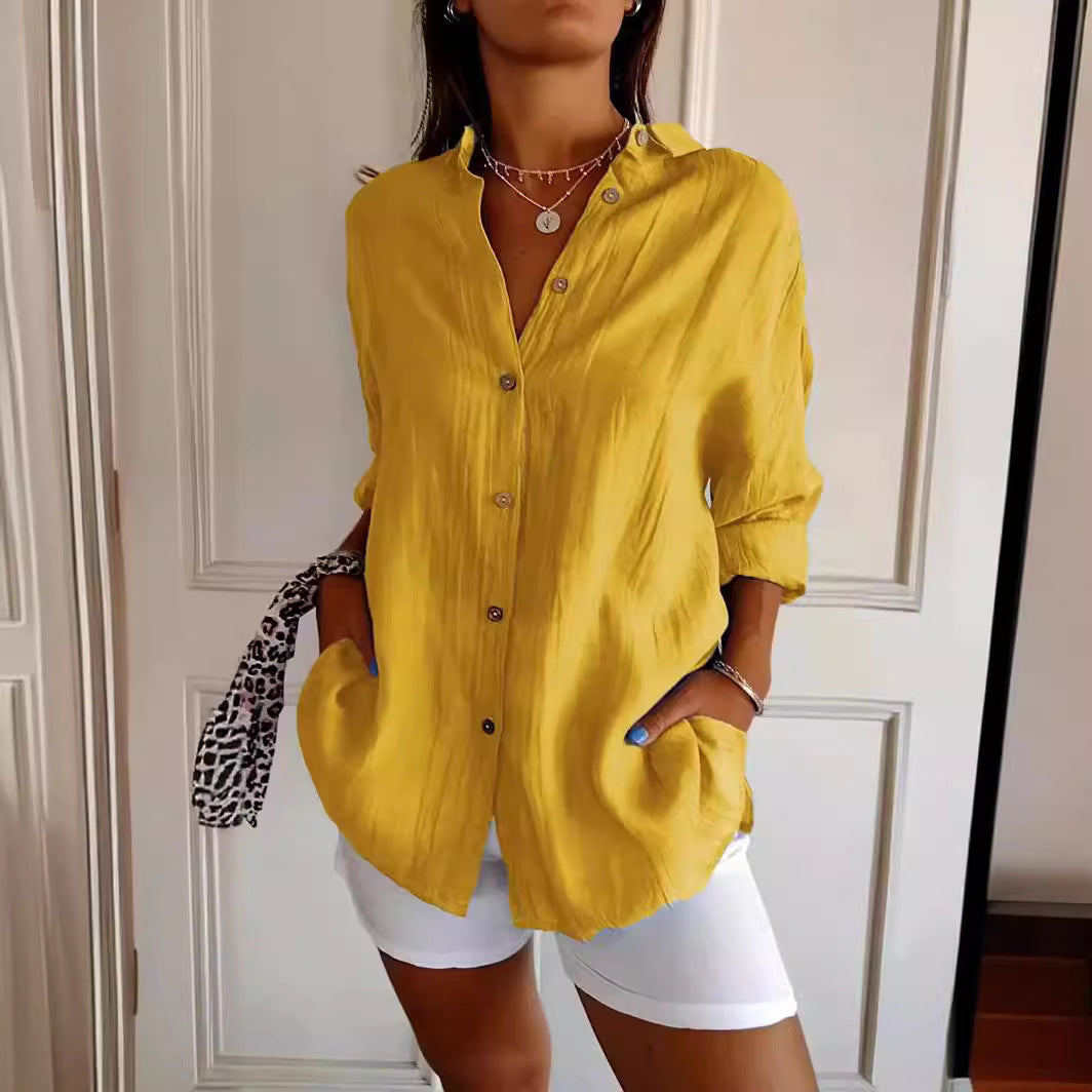 Lapel Long Sleeve Shirt Womens Single-breasted Pleated Shirt Tops