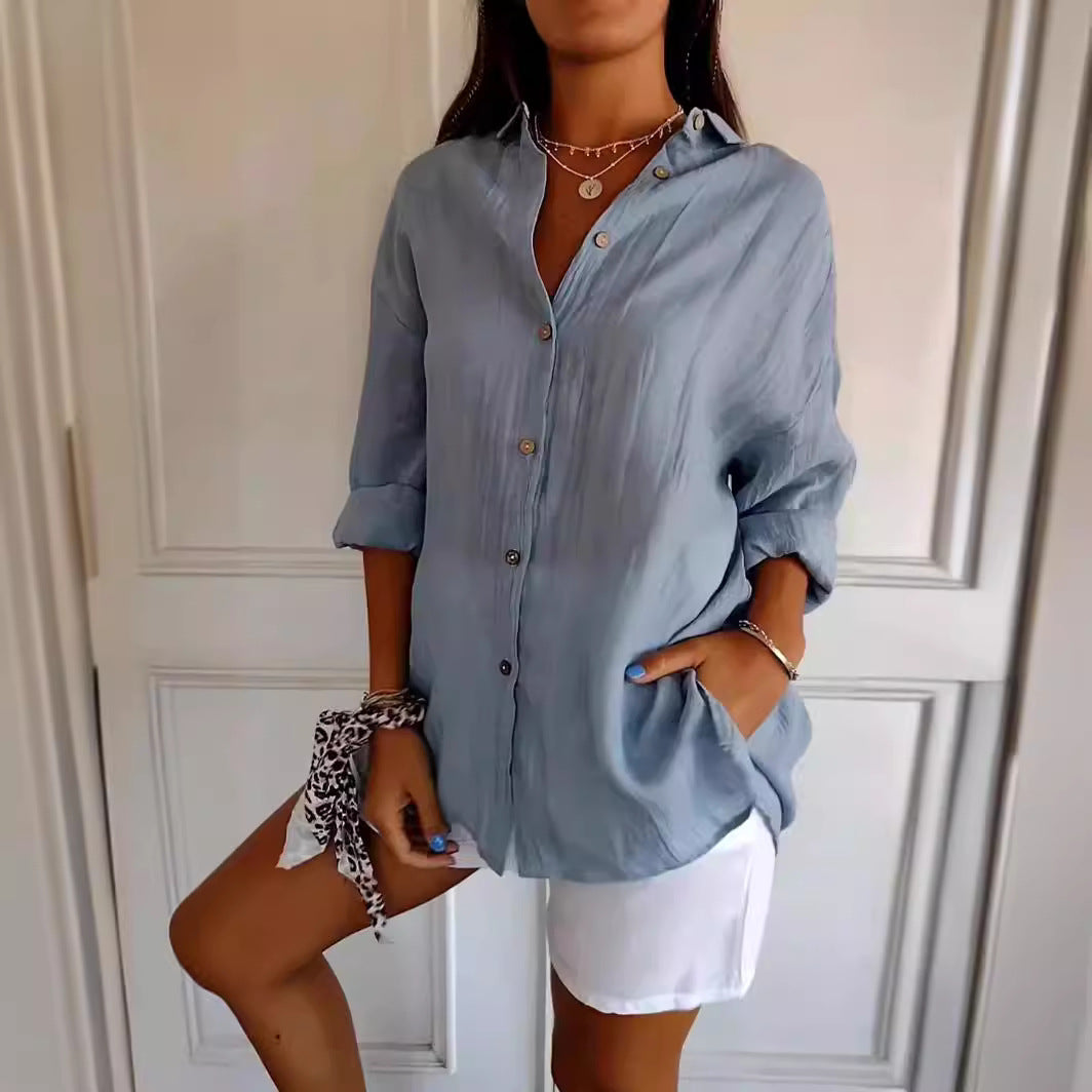 Lapel Long Sleeve Shirt Womens Single-breasted Pleated Shirt Tops