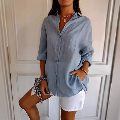 Lapel Long Sleeve Shirt Womens Single-breasted Pleated Shirt Tops