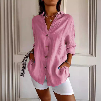 Lapel Long Sleeve Shirt Womens Single-breasted Pleated Shirt Tops