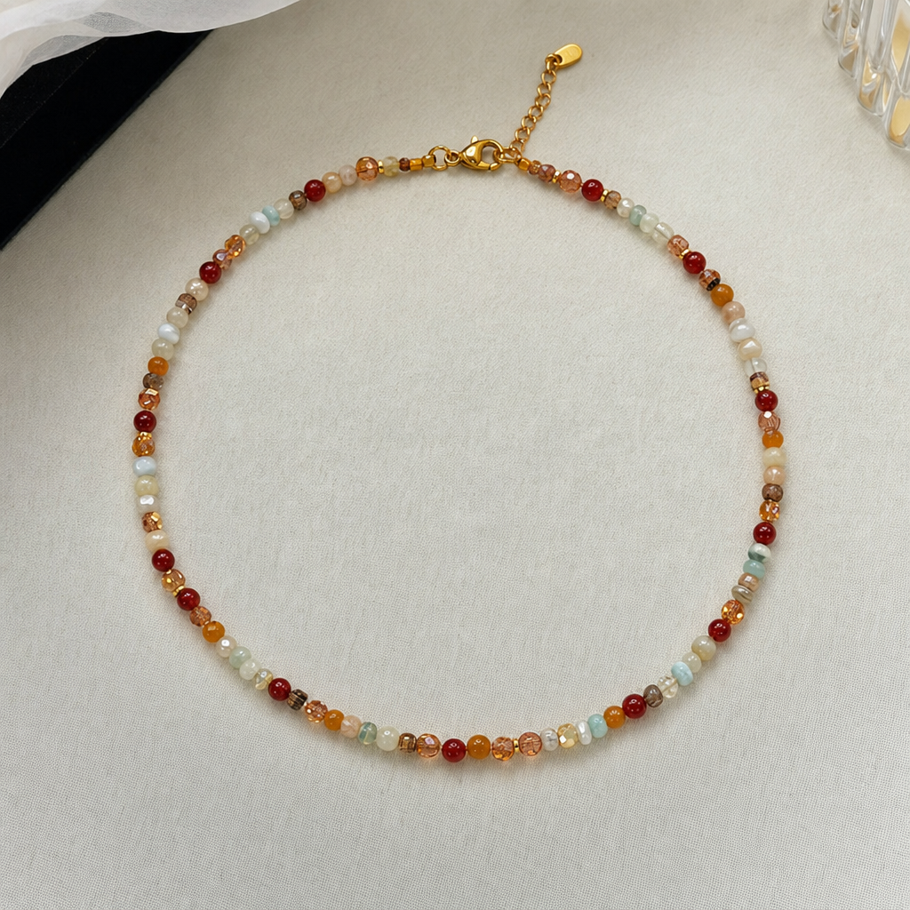 Multicolour Tourmaline Stone and Pearl Beaded Necklace - Colourful Layering Choker with Summer Style, Versatile Everyday Wear and Gift Friendly Appeal for Women