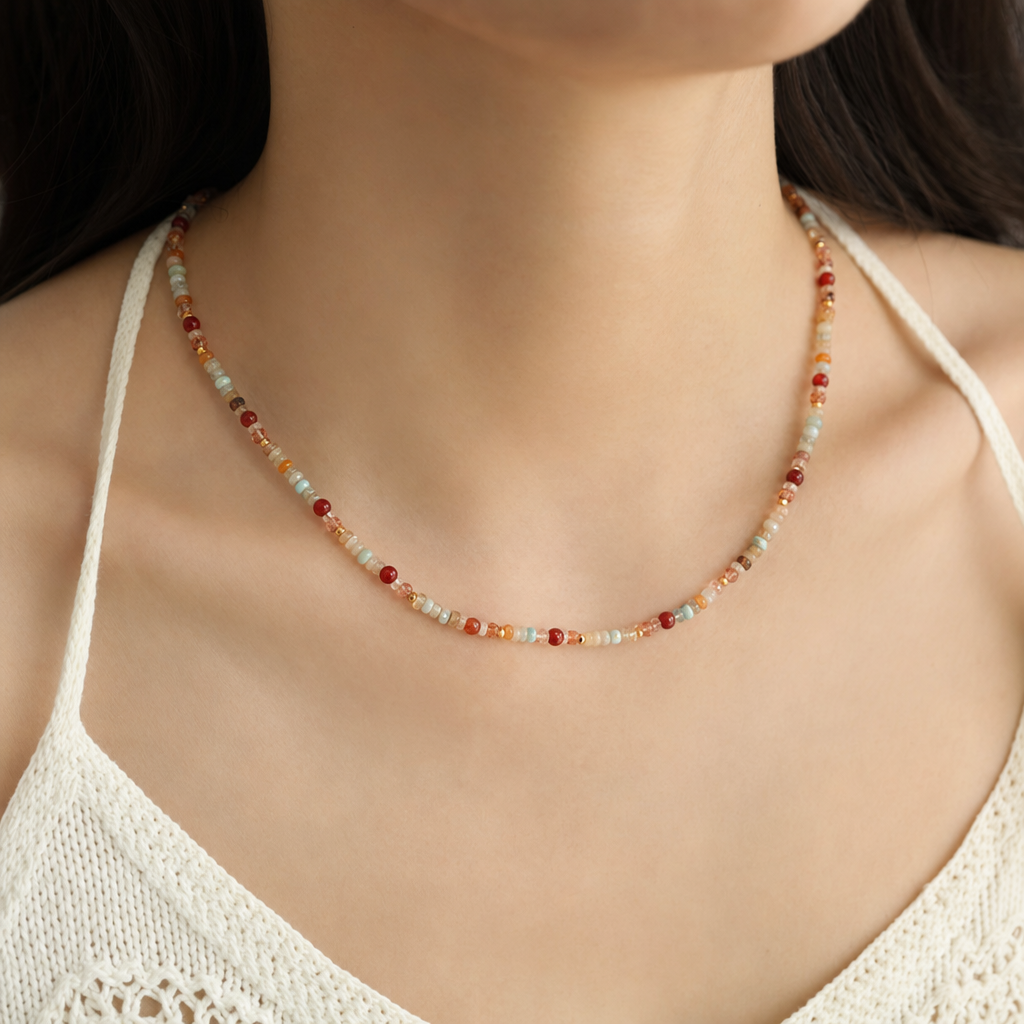 Multicolour Tourmaline Stone and Pearl Beaded Necklace - Colourful Layering Choker with Summer Style, Versatile Everyday Wear and Gift Friendly Appeal for Women